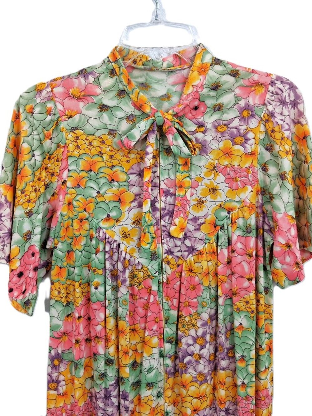 Vintage 60s 70s Floral Dress Tie Neck Pocket Summer Maxi Dress Sz S, Sz M